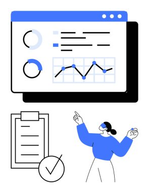 Tarayıcı penceresindeki grafikler ve tablolar, işaretli listeler, veri içgörülerini gösteren kadınlar. Analiz, raporlama, takım çalışması, iş stratejisi, planlama, üretkenlik soyut çizgisi için ideal