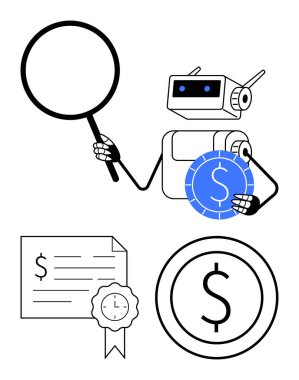 Robot elinde büyüteç, para analizi sertifikası ve dolar ambleminin yanında dolar işareti var. Fintech, otomasyon, robotik, yapay zeka, finans, kripto para birimi, yatırımlar, soyut