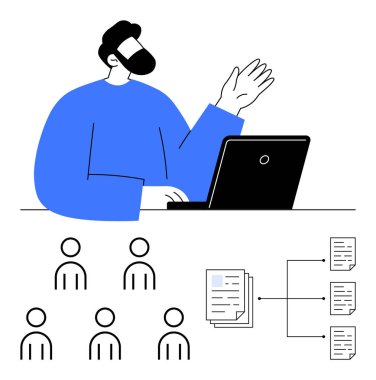 Dizüstü bilgisayardaki adam yedi kullanıcı simgesi, dosya akış şeması. Uzaktan çalışma, iletişim, belge yönetimi, takım çalışması, işbirliği, dijital iş akışı, organizasyon için ideal. Satır metaforu