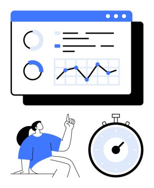 Çizelgeli bilgisayar ekranı kadının kronometreyi düşündüğünü gösteriyor. Üretkenlik, planlama, zaman yönetimi, veri analizi, karar verme, iş stratejisi, verimlilik için ideal. Satır metaforu