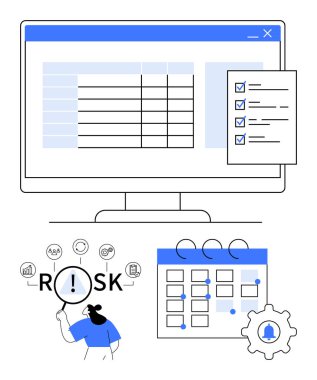 Hesap tablosu, kontrol listesi, takvim ve dişli simgesi olan bilgisayar ekranı. Risk radarını analiz eden kişi. Proje yönetimi, görev izleme, öncelik sıralaması, risk değerlendirme veri analizi için ideal
