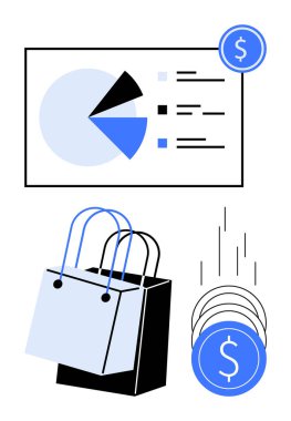 Pasta grafiği analizi, alışveriş poşetleri ve düşen paraları gösteren ikonlar. E-ticaret, perakende yönetimi, mali analiz, bütçe stratejileri, tüketici davranışı, pazarlama, satış eğilimleri için ideal