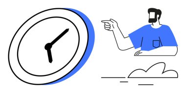 Mavi gömlekli ve sakallı biri büyük, eğimli bir saati işaret ediyor. Zaman yönetimi, dakiklik, teslim tarihleri, verimlilik, odaklanma, verimlilik için ideal. Basit soyut çizgi düz metaforu