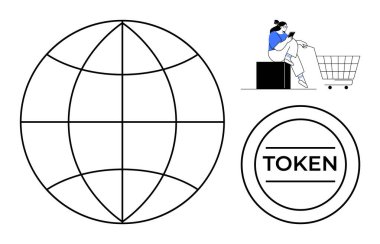 Bağlantı için dünya, alışveriş arabasının yanında cep telefonu kullanan kadın ve jeton para küresel iletişim, e-ticaret ve dijital para birimini temsil ediyor. Küreselleşme, e-ticaret, dijital para için ideal