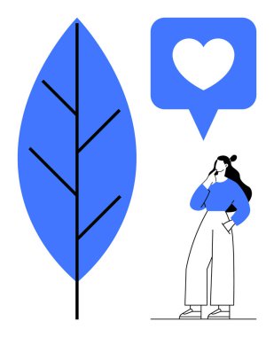 Yukarıdaki bir konuşma balonunda büyük mavi yapraklı kalp ikonu üzerinde kafa yoran bir kadın. Çevreye duyarlı temalar, öz düşünme, aşk, karar verme, iletişim, sosyal medya, farkındalık için idealdir. Soyut