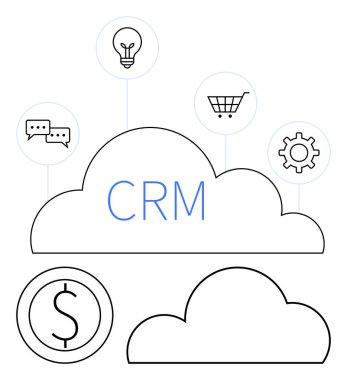 İletişim, ampul, eCommerce seti, vites ayarları ve parayı temsil eden ikonlara bağlı CRM bulutu. Ticari çözümler, iletişim, yenilik, satış bilişim hizmetleri finansmanı için ideal
