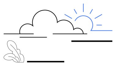 Parlak bir güneşi olan bulut, kıvrımlı bitki yaprakları ve biçimlendirilmiş yatay çizgiler. Doğa, sabah, sükunet, asgari tasarım, eko temaları, yaratıcılık soyut çizgisi düz metafor için ideal