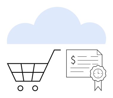 Alışveriş arabasının üstünde bulut ve içinde gizli güvenlik amblemi olan makbuz. E-ticaret, bulut hesaplama, dijital güvenlik, çevrimiçi işlemler, veri yedekleme, finans teknolojisi, modern ticaret için ideal