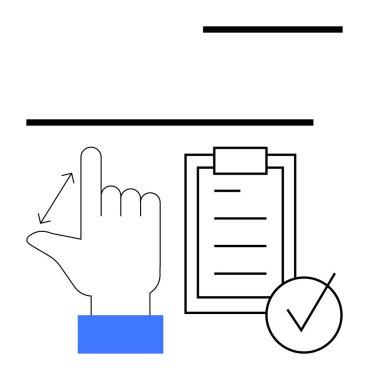 Listeli ve işaretli panonun yanındaki seçimi gösteren parmak hareketi. Görev tamamlama, onay süreçleri, jestler, verimlilik, organizasyon, talimatlar, soyut düz çizgi