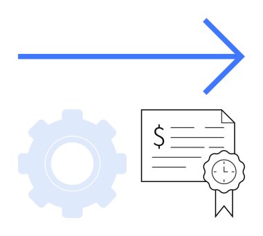 Vites, dolar işareti ve saat mührü olan sertifika ve sağı gösteren mavi ok. Temalar için ideal ilerleme, başarı, iş büyümesi, üretkenlik, sertifika, finans ve başarı başparmakları