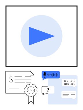 Destekleyici unsurlara sahip büyük mavi oynatma tuşu sertifika, konuşma balonu, ses dalgası, ikili kod ve sohbet mesajı ile finansal belgeyi parmakla gösterir. Dijital içerik ve finans için ideal