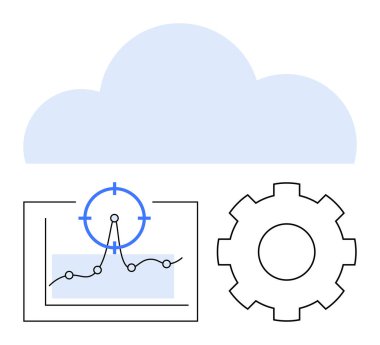 Analitik grafiğin üstünde nokta ve ayarlama teçhizatı olan bulut. Bulut hizmetleri, veri analizleri, süreç otomasyonu, teknoloji, optimizasyon, yenilik, soyut düz metafor için ideal