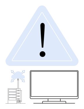 Bulut ve monitöre bağlı sunucu rafıyla birlikte ünlem işaretli büyük alarm simgesi. Teknoloji risk yönetimi, bilişim güvenliği, veri koruması, sistem uyarıları, çevrimiçi güvenlik için ideal