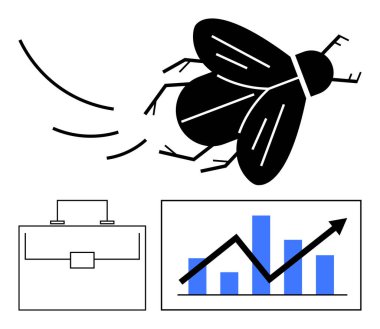 Yükselen ok ve temiz evrak çantası skeciyle birlikte siyah sinek hareket halinde. Ticari büyüme, üretkenlik, yenilik, strateji, pazar eğilimleri, kariyer hedefleri, soyut düz çizgi
