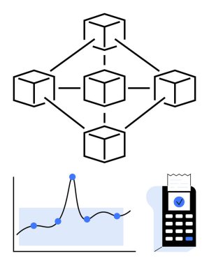 Ağ küpleri dijital ödeme terminalini makbuzla grafiğe döker. Engelleme zinciri, finans, teknoloji, analitik, işlemler, bağlantı, yenilik için idealdir. Satır metaforu
