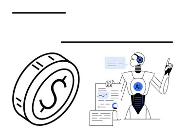 Yapay zeka etiketli robot finansal veri tablolarını analiz ediyor, elinde bir dolar civarında bir rapor tutuyor. Fintech, yapay zeka, veri analizi, yenilik, finans, otomasyon soyut metaforu için ideal