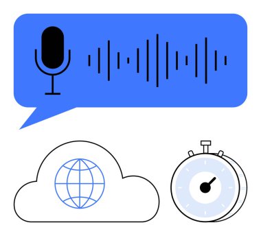 Ses dalgalı mikrofon, çevrimiçi erişim için dünya bulutu ve zaman takibi için kronometre. Teknoloji, yapay zeka, bulut depolama, küresel bağlantı, zaman yönetimi, veri işleme soyut hattı için ideal