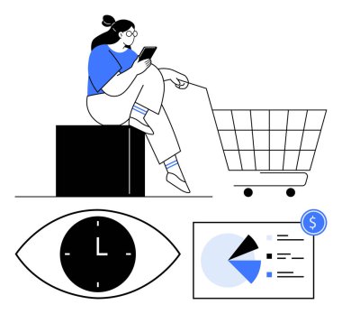 Akıllı telefondan alışveriş arabası, saatli büyük göz ve turta grafiği ve dolar işareti olan veri tablosu. Ecommerce, zaman yönetimi, analitik, perakende, tüketici davranışı, alışveriş için ideal