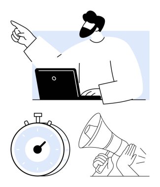 Adam dizüstü bilgisayar kullanırken el kol hareketleri yapıyor, kronometre zaman yönetimini vurguluyor, mesajları yükseltmek için elleri megafonu tutuyor. Üretkenlik, liderlik, iletişim, teslim tarihleri, karar verme süreci için ideal