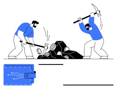 Kazma ve çekiçle dijital bir cüzdanın yanında madeni para çıkaran iki işçi. Engelleme zinciri, kripto işlemleri, fintech, finans, yatırım, takım çalışması, soyut çizgi düz