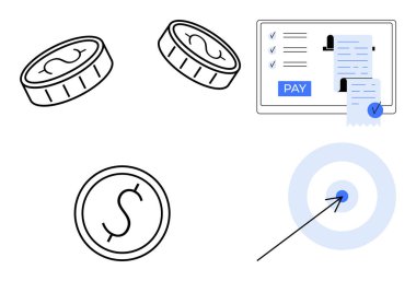 Sikkeler parayı, elektronik ödeme ekranını makbuzla ve hedefi ok merkeziyle sembolize eder. Finans, bütçe, çevrimiçi işlemler, hedefler, iş stratejisi, tasarruf yatırımı için ideal