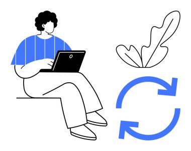 Dizüstü bilgisayarı olan biri, senkronize ya da yenilenmeyi gösteren eğri oklar ve bir yaprak. Üretkenlik, teknoloji, iş hayatı dengesi, öğrenme, kendini geliştirme, büyüme yenileme kavramları için ideal