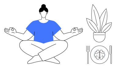 Individual sits cross-legged in meditation, focusing on mental well-being. Nearby plant and brain-shaped meal emphasize mindful eating, balance, and self-care. Ideal for wellness, mental health clipart