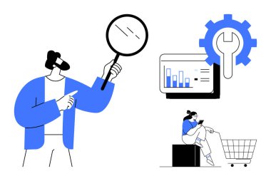 Büyüteci olan adam verileri analiz ediyor, bilgisayar grafikleri, büyük teçhizat, kadın alışveriş arabasıyla telefonda kayıyor. Çevrimiçi alışveriş, e-ticaret, veri analizi, tüketici davranışı için ideal