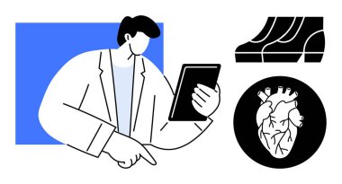 Doktor hasta verilerini kontrol etmek için tablet kullanıyor. EKG çizgileri ve kalp diyagramını da içeriyor. Sağlık teknisyeni, teletıp, kardiyoloji, hasta bakımı, uzaktan izleme, tıbbi veri analizi, soyut