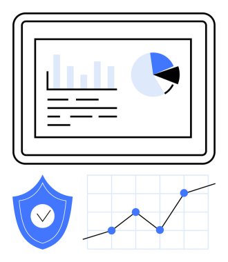 Tablet ekranda bar tablosu, pasta grafiği ve veri var. Noktalı çizgi grafiği ve işaretli kalkan simgesi. Analiz, güvenlik, finans, performans, strateji teknolojisi soyut çizgisi için ideal