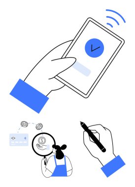 Ödeme onaylı akıllı telefon, mali verileri analiz eden kişi, kalemle el yazısı. Dijital ödemeler, finansal analizler, e-ticaret, çevrimiçi işlemler, güvenlik için ideal