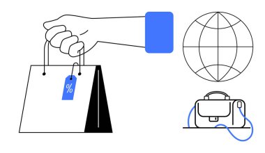 Elinde indirimli etiketli bir alışveriş çantası, bitişik dünya resmi ve evrak çantası var. E-ticaret, alışveriş, indirim, küresel ticaret, çevrimiçi işlemler, iş seyahati, pazarlama için ideal