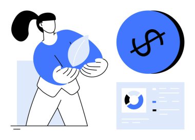 Yaprak tutan kişi, büyük dolar işareti, veri tabloları. Çevre dostu iş, büyüme stratejileri, sürdürülebilir finansman, yeşil yatırımlar, modern ekonomi, soyut sorumluluk çizgisi için ideal