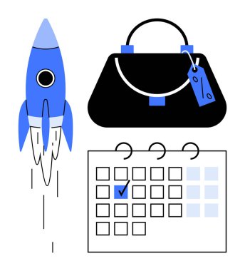 Rocket taking off beside a handbag and calendar with a checkmark. Ideal for business travel, scheduling, planning, time management, enterprise launch, organization, and success. Abstract line flat clipart