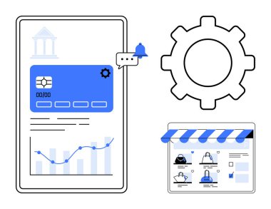 Finansal analitik kontrol paneli, bilgilendirme balonu, e-ticaret mağazası önü, büyük ayarlar dişlisi. Fintech, e-ticaret, dijital pazarlama, sistem yapılandırması, veri analizi, kullanıcı için ideal