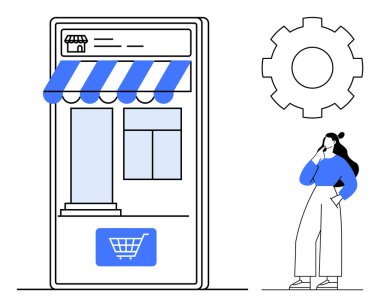Mobil ekranda mağaza vitrinli bir online mağaza, alışveriş arabasının ayarlama takımlarının yanında düşünen kişi görülüyor. E-ticaret için ideal, çevrimiçi alışveriş, mobil uygulamalar, perakende çözümler, kullanıcı