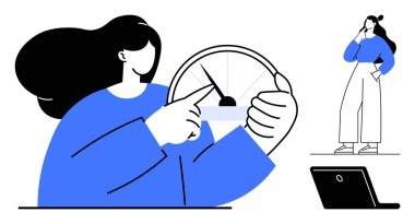 Kadın ölçü yönlendirir, ölçü ya da kontrol etmeyi önerir. Düşünceli kadın, dizüstü bilgisayar. Veri analizi, ilerleme izleme, karar verme, üretkenlik, hedef belirleme, teknoloji verimliliği için ideal