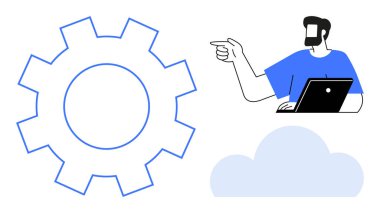 Adam dizüstü bilgisayar, büyük dişli dişli dişli ve bulut simgesi kullanırken işaret ediyor. Teknoloji stratejisi, bulut hesaplama, dijital çözümler, bilişim hizmetleri, uzaktan çalışma, veri yönetimi yazılım geliştirme için ideal