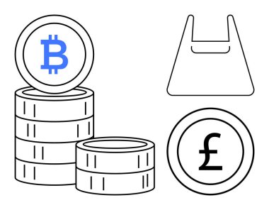 Bir alışveriş çantasının yanında Bitcoin ve Pound sembolleri olan üç deste bozuk para. Finansal eğitim, çevrimiçi alışveriş, modern ticaret, kripto para birimi, fintech, ekonomi analizi, dijital