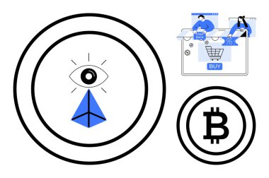 Eş merkezli çemberlerin içindeki Tanrı 'nın Gözü, Bitcoin sembolü, ekommer verilerini alışveriş arabasıyla analiz eden iki kişi. Engelleme zinciri, ekommerce, finans, veri analizi, teknoloji, dijital için ideal