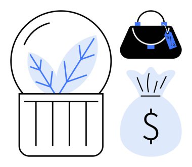 Cam bir kavanozda yetişen bitki, şık bir çanta ve dolar işaretli bir para çantası. Zenginlik yaratmak, finansal büyüme, ekonomik güvenlik, tasarruf, yatırım, refah ve ticaret için ideal