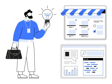 Elinde ampul tutan iş adamı dijital mağaza önü ve analitik gösterge panelinin yanındaki yeniliği sembolize ediyor. Girişimcilik, yenilik, e-ticaret, dijital pazarlama, veri analizi için ideal