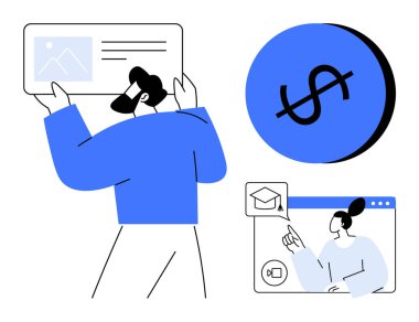 Elinde belge tutan kişi, dolar işareti simgesi, ve öğretmenle video ekranı. E-öğrenim, finansal okur yazarlık, sanal sınıflar, çevrimiçi kurslar, web dersleri, dijital öğretiler için ideal