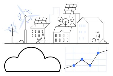Güneş panelleri, rüzgar türbinleri, ağaçlar, bulut ve teknoloji ile sürdürülebilirliği birbirine bağlayan veri tablosu olan bir şehir. Yenilenebilir enerji, akıllı şehirler, yeşil teknoloji, çevre planlaması için ideal