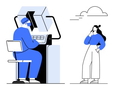 Önlüklü doktor bilgisayardaki röntgeni inceliyor. Hasta bir kadın düşünceli bir şekilde ayakta duruyor. Tıbbi teşhis, radyoloji, sağlık danışmanlığı, hasta bakımı, tıp teknolojisi için ideal