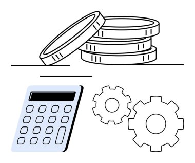 Bir hesap makinesinin yanına istiflenmiş sikkeler ve vitesler mavi ve tek renkli tonlarda canlı finansal planlama ve yönetim süreçlerini betimler. Finans, muhasebe, bütçe, yatırım, iş için ideal