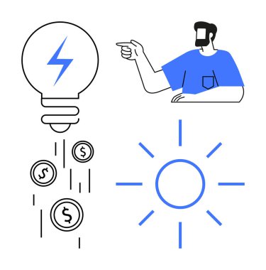 Yıldırımlı ampul ve dolar işaretleri, adam işaret ediyor, güneş ikonu. Yaratıcılık, yenilik, finansal başarı, ilham, rehberlik motivasyon fikri üretimi için idealdir. Soyut satır düzlüğü