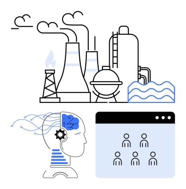 Bacaları ve suyu olan bir fabrika, bağlantıları olan yapay zeka robot kafası, avatarlarla kullanıcı arayüzü paneli. Otomasyon, yenilik, yapay zeka, dijital endüstri, takım çalışması, soyut çizgi işlemleri için ideal