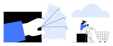 Elinde para, elinde akıllı bir alet ve alışveriş arabasıyla oturan biri. E-ticaret, çevrimiçi alışveriş, dijital ödemeler, müşteri etkileşimi, modern perakende, teknoloji meraklısı tüketiciler, finansal