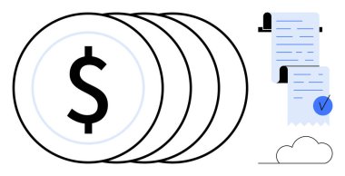 Dolar işareti olan büyük paralar ve işaretli belgelerle birlikte istiflenmiş. Finans, bankacılık, işlemler, finansal planlama ve muhasebe için ideal. Minimalist vektör tarzı. Siyah renkler